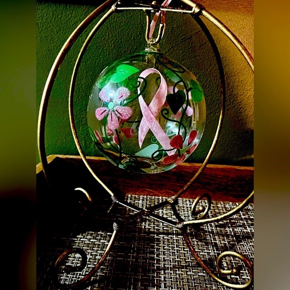 Breast Cancer $DONATED to ACS Susan G Komen Glass Ornament & Stand Colle… - Picture 2 of 4